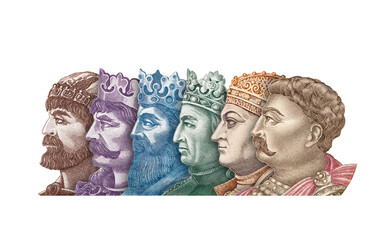 Six Polish kings portraits from banknotes isolated on white background