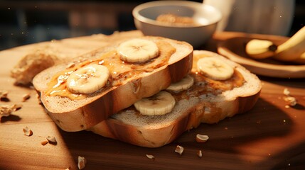 Toasted bread with peanut butter and banana on wooden board, closeup