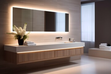 Sleek modern classic minimalist bathroom featuring a floating vanity, mirror with integrated lighting, and a spa-like atmosphere