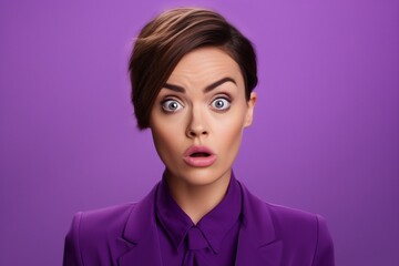 Restless businesswoman in a portrait, showing inability to stay still or calm about news, on a bright violet background - obrazy, fototapety, plakaty