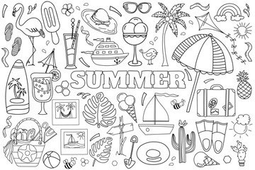 Hand-Drawn Vector Doodle Set For A Summer-Themed Anti-Stress Coloring Page, Featuring The Sea And Everything Needed For Summer Relaxation In A Coloring Book
