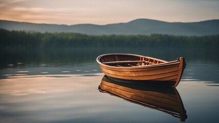 boat on lake Wooden row boat drifting in calm water  - obrazy, fototapety, plakaty