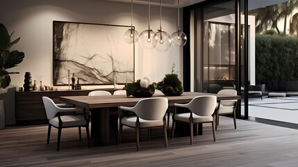 Sophisticated dining area with a custom-designed table, statement lighting, and a curated display of contemporary art