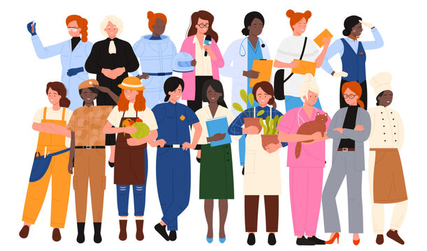 Women of different professions crowd vector illustration. Cartoon isolated many girls in professional clothes standing, woman judge and scientist, driver and flight attendant, astronaut and ceramist