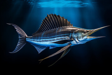 Sailfish swimming underwater. Animal side portrait.