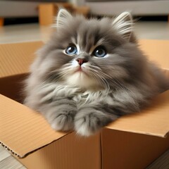 Cute fluffy grey cat sitting inside cardboard box looking up
