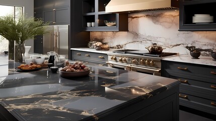 Sophisticated kitchen design with high-end appliances, a marble backsplash, and gold accents