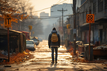 Un  viajero con su mochila caminando por una calle en invierno  