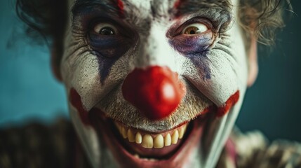 Portrait of a scary clown with a red nose, close-up