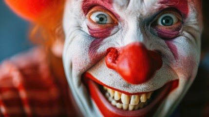 Close up of a scary clown with a red nose. Shallow depth of field
