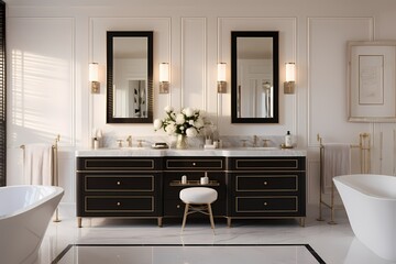 Fototapeta na wymiar Sophisticated modern classic minimalist ensuite bathroom with double vanities, a statement mirror, and refined design elements