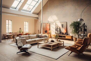 Spacious mid-century Copenhagen loft interior, combining iconic furniture, neutral tones, and open living spaces