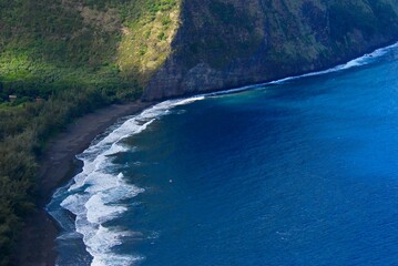 Aerial view of the Black Sand Beach of Big Island, Hawaii.