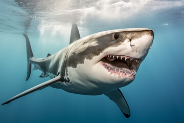 Naklejka premium Great White Shark swimming underwater. Animal front portrait.