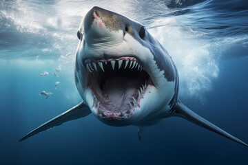 Great white shark lunging underwater with its jaws wide open.