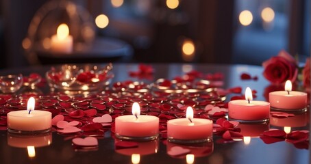 Softly lit candles casting heart-shaped reflections on a polished surface in a cozy Valentine's setting -Generative Ai - obrazy, fototapety, plakaty