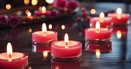 Obraz na płótnie Canvas Softly lit candles casting heart-shaped reflections on a polished surface in a cozy Valentine's setting -Generative Ai