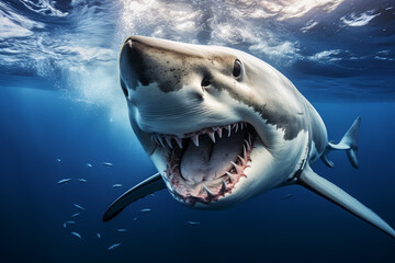 Naklejka premium Great white shark lunging underwater with its jaws wide open.
