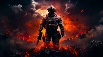 Call of duty mobile hd art full wallpaper collection. A soldier standing in front of a fire filled sky - obrazy, fototapety, plakaty