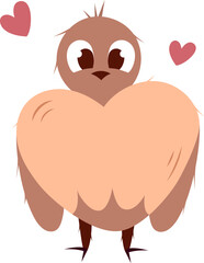 Cartoon hand draw bird with hearts isolated on white background in peach fuzz color. Vector.