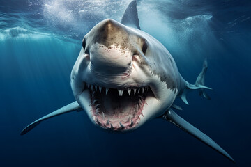 Great white shark lunging underwater with its jaws wide open.