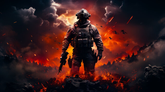 Call of duty mobile hd art full wallpaper collection. A soldier standing in front of a fire filled sky