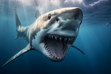 Naklejka premium Great white shark lunging underwater with its jaws wide open.