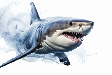 Naklejka premium Great White Shark isolated on a white background. Animal side portrait.
