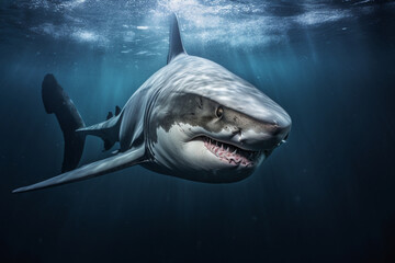 Shark swimming underwater. Animal side portrait.