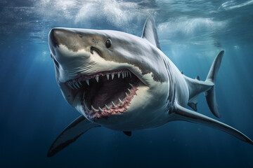Naklejka premium Great white shark lunging underwater with its jaws open.