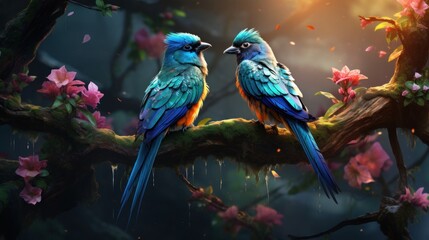 Macaw parrots sitting on the branch. Tropical forest background