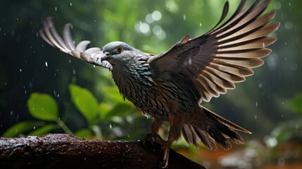Fototapeta premium Pigeon on a branch with rain drops in the background