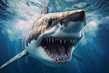 Obraz premium Great white shark lunging underwater with its jaws open.