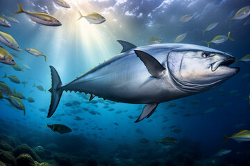 Fototapeta premium Sea Turtle swimming underwater. Animal side portrait.