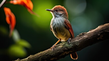Babbler bird sitting on a branch in the rainforest
