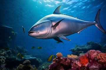 Fototapeta premium Sea Turtle swimming underwater. Animal side portrait.