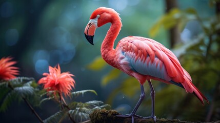 Pink flamingo standing on a log in a tropical rainforest