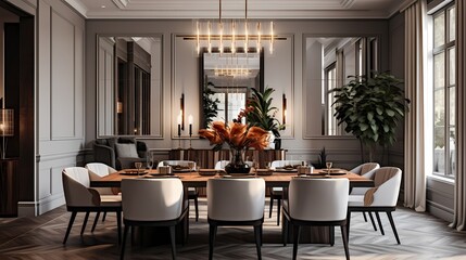 Fototapeta na wymiar Stylish dining area with a blend of classic and modern design elements, creating a timeless aesthetic