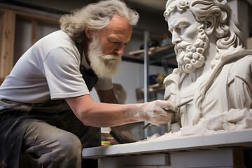 Stone mason making a marble sculpture, stone carving, stonemason - obrazy, fototapety, plakaty