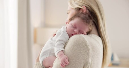Care, love and mother with baby for hug, relationship and child development together at home. New born, motherhood and happy mom carry infant for sleeping, support and affection in nursery room