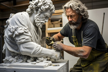 Stone mason making a marble sculpture, stone carving, stonemason - obrazy, fototapety, plakaty