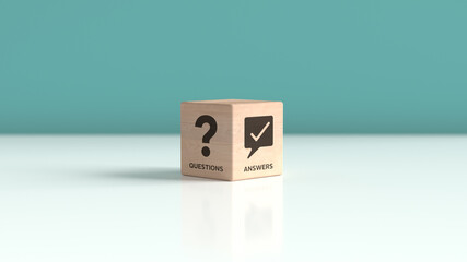 Q and A symbols on wooden cube block on a green background. Q and A concept. Illustration for...