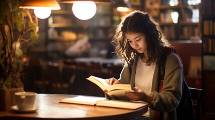 Young woman reading a book in a cafe. Education and leisure concept