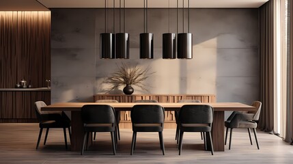 Stylish dining area with a minimalist aesthetic, designer lighting, and a blend of natural and metallic finishes