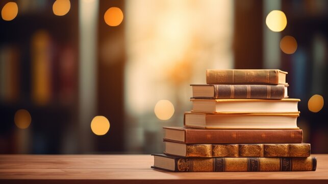 Stack of books on wooden table in library with bokeh background