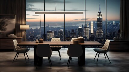 Fototapeta na wymiar Stylish dining room with a monochromatic color scheme, sleek furniture, and a captivating city skyline as a backdrop