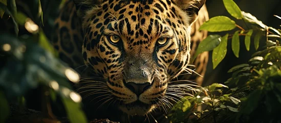 Foto op Plexiglas closeup a jaguar with green eyes stalks prey hiding in the forest bushes. © Mas