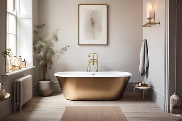 Fototapeta na wymiar Stylish mid-century Copenhagen bathroom with a freestanding tub, brass fixtures, and a balanced design aesthetic