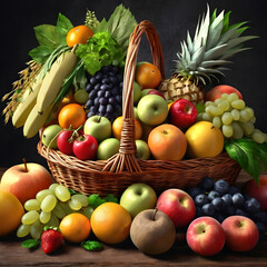 a basket filled with assorted fruits and vegetables, fruits in a basket, fruit and flowers. ai generative