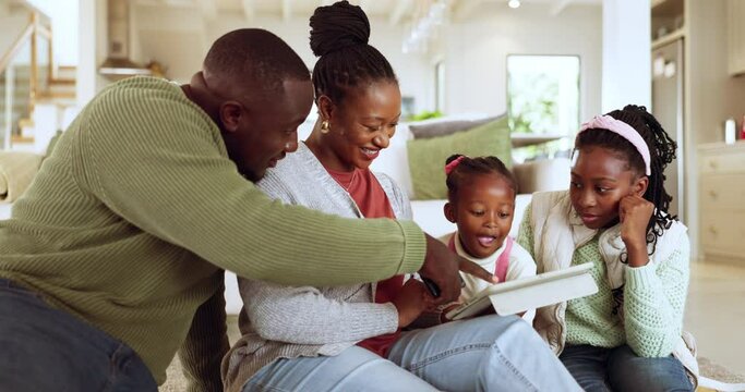 Parents watching a movie on tablet with their children in the living room for bonding together. Happy, love and African family streaming show or video on social media with digital technology at home.